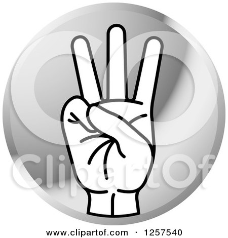 Clipart of a Round Silver Icon of a Counting Hand Gesturing Six in Sign Language - Royalty Free Vector Illustration by Lal Perera