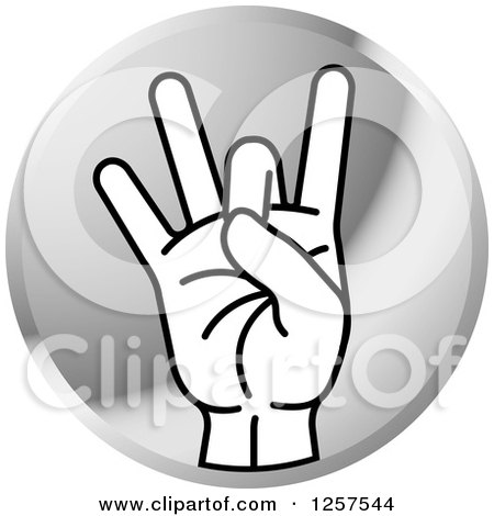 Clipart of a Round Silver Icon of a Counting Hand Holding up 8 Fingers, Eight in Sign Language - Royalty Free Vector Illustration by Lal Perera
