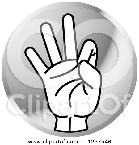 Clipart of a Round Silver Icon of a Counting Hand Holding up 9 Fingers, Nine in Sign Language - Royalty Free Vector Illustration by Lal Perera