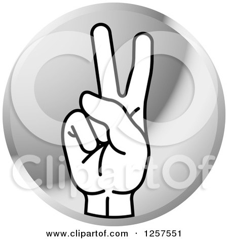 Clipart of a Round Silver Icon of a Counting Hand Holding up Two Fingers, 2 in Sign Language - Royalty Free Vector Illustration by Lal Perera