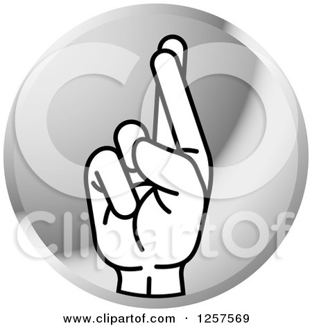 Clipart of a Silver Icon of a Sign Language Hand Gesturing Letter R - Royalty Free Vector Illustration by Lal Perera