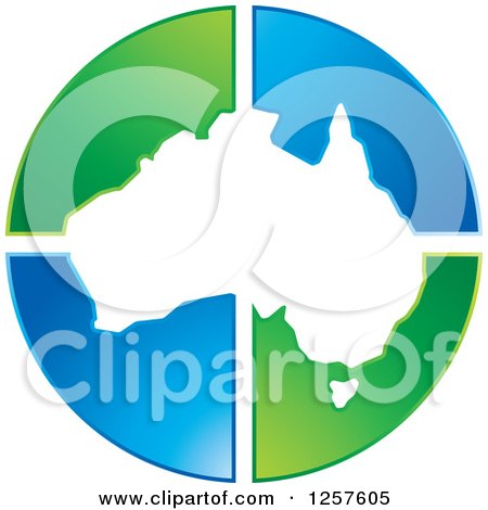 Clipart of a Map of Australia over Green and Blue Triangles - Royalty Free Vector Illustration by Lal Perera