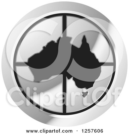 Clipart of a Silver Round Icon with a Black Australia Map - Royalty Free Vector Illustration by Lal Perera