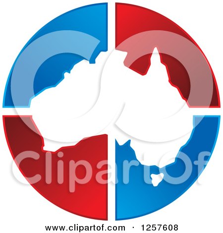 Clipart of a Map of Australia over Red and Blue Triangles - Royalty Free Vector Illustration by Lal Perera