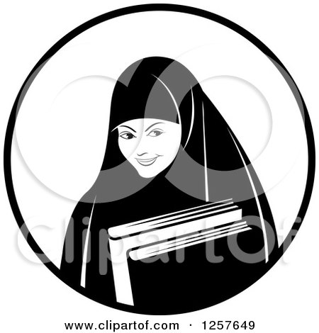 Clipart of a Black and White Happy Muslim Girl Carrying Books in a Circle - Royalty Free Vector Illustration by Lal Perera