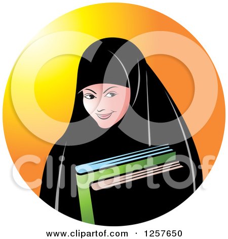 Clipart of a Happy Muslim Girl Carrying Books, over an Orange Circle - Royalty Free Vector Illustration by Lal Perera
