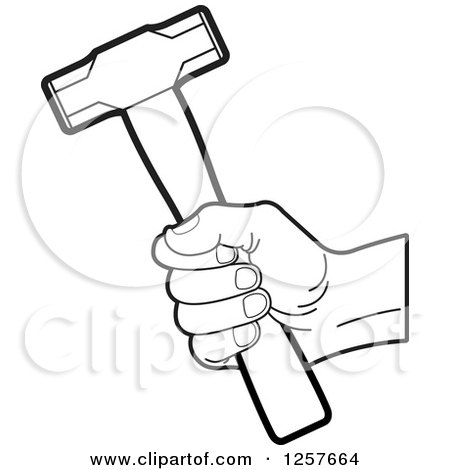 Clipart of a Black and White Hand Holding a Hammer - Royalty Free Vector Illustration by Lal Perera