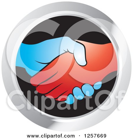 Clipart of Blue and Red Hands Shaking in a Silver and Black Circle Icon - Royalty Free Vector Illustration by Lal Perera