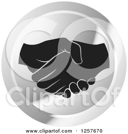 Clipart of Black and White Hands Shaking in a Silver Circle Icon - Royalty Free Vector Illustration by Lal Perera