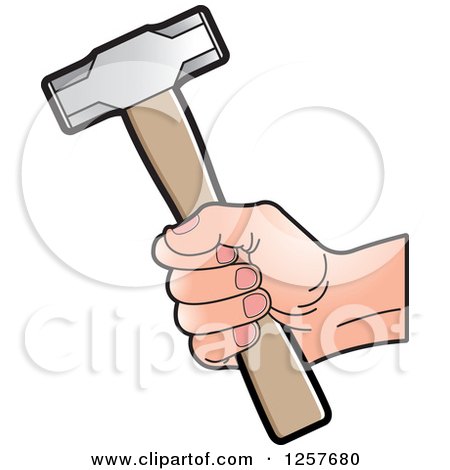 Clipart of a White Hand Holding a Hammer - Royalty Free Vector Illustration by Lal Perera