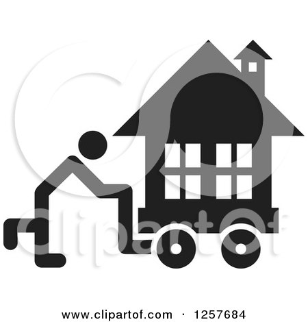 Clipart of a Black and White Person Moving a House Icon - Royalty Free Vector Illustration by Lal Perera