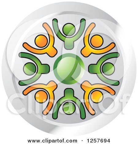 Clipart of a Circle of Green and Orange Cheering People on a Chrome Icon - Royalty Free Vector Illustration by Lal Perera