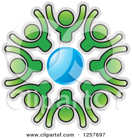 Clipart of a Circle of Green Cheering People Around Blue - Royalty Free Vector Illustration by Lal Perera