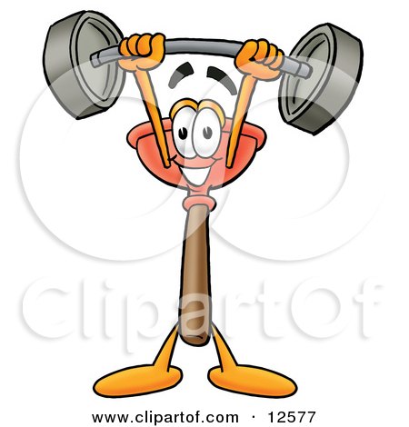 Clipart Picture of a Sink Plunger Mascot Cartoon Character Holding a Heavy Barbell Above His Head by Mascot Junction