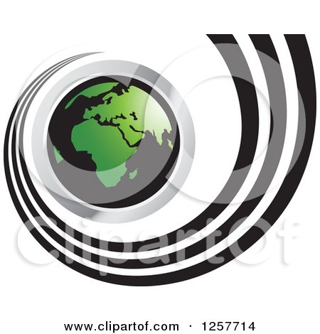Clipart of a Chrome Black and Green Earth and Spiraling Trail - Royalty Free Vector Illustration by Lal Perera