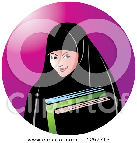 Clipart of a Happy Muslim Girl Carrying Books, over a Purple Circle - Royalty Free Vector Illustration by Lal Perera