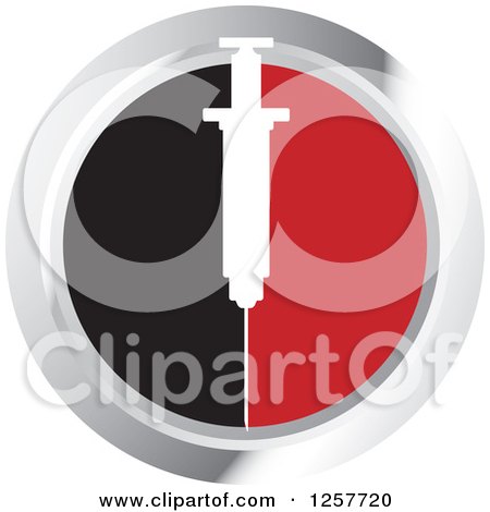 Clipart of a White Syringe over Black and Red on a Silver Round Icon - Royalty Free Vector Illustration by Lal Perera
