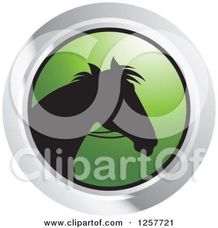 Clipart of a Black Silhouetted Horse with Reins in a Green and Chrome Circle - Royalty Free Vector Illustration by Lal Perera