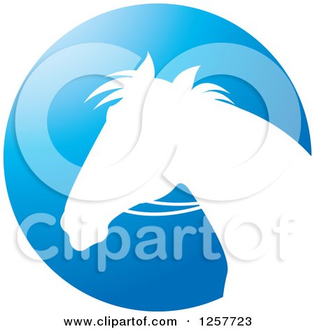 Clipart of a White Silhouetted Horse with Reins over a Blue Circle - Royalty Free Vector Illustration by Lal Perera