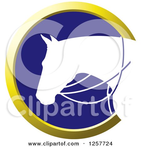 Clipart of a White Silhouetted Horse with Reins in a Gold and Blue Circle - Royalty Free Vector Illustration by Lal Perera