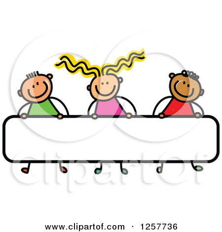 Clipart of a Diverse Group of Stick Children Carrying a Blank Banner Sign - Royalty Free Vector Illustration by Prawny
