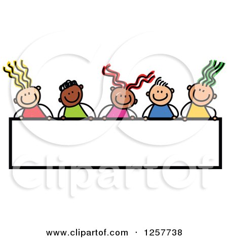 Clipart of a Diverse Group of Stick Children over a Blank Banner Sign - Royalty Free Vector Illustration by Prawny