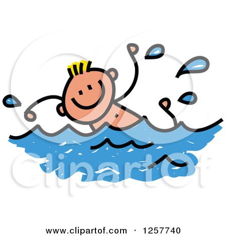 Clipart of a Happy Blond White Stick Boy Swimming - Royalty Free Vector Illustration by Prawny