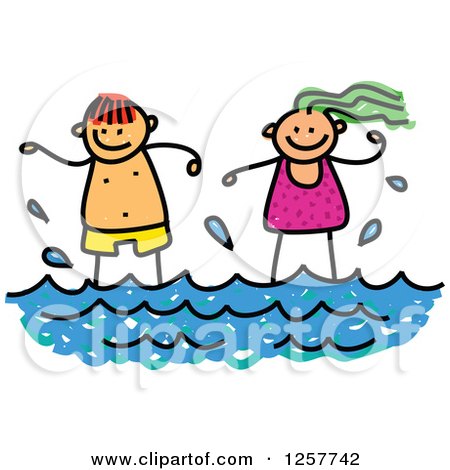 Clipart of Happy White Stick Children Standing in the Surf - Royalty Free Vector Illustration by Prawny