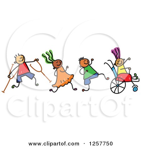 Clipart of a Diverse Group of Disabled Stick Children Running and Playing - Royalty Free Vector Illustration by Prawny