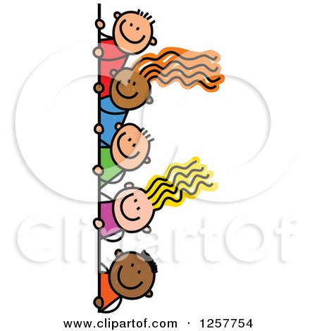 Clipart of a Diverse Group of Stick Children Looking Around a Corner or Sign - Royalty Free Vector Illustration by Prawny