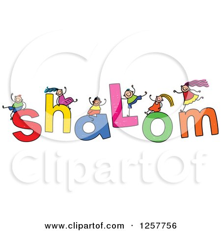 Clipart of a Diverse Group of Stick Children Playing on Shalom Text - Royalty Free Vector Illustration by Prawny