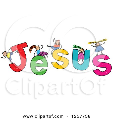 Clipart of a Group of Stick Children Playing on Jesus Text - Royalty Free Vector Illustration by Prawny