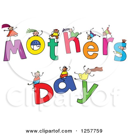 Clipart of a Diverse Group of Stick Children Playing on Mothers Day Text - Royalty Free Vector Illustration by Prawny