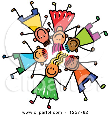 Clipart of a Diverse Group of Stick Children Laying down in a Circle with Their Heads Together - Royalty Free Vector Illustration by Prawny