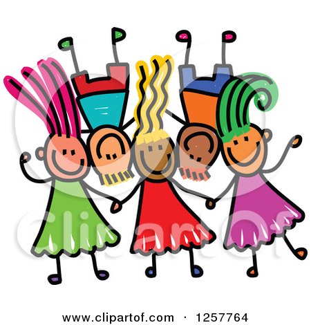Clipart of a Diverse Group of Stick Children Laying down with Their Heads Together - Royalty Free Vector Illustration by Prawny