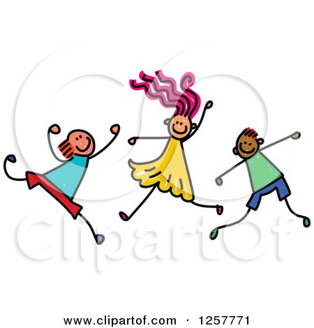 Clipart of a Diverse Group of Stick Children Dancing and Jumping - Royalty Free Vector Illustration by Prawny