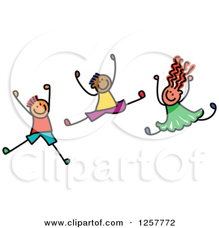 Clipart of a Diverse Group of Stick Children Jumping - Royalty Free Vector Illustration by Prawny