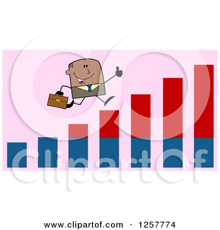 Clipart of a Black Stick Businessman Holding a Thumb up and Running on an Growth Bar Graph over Pink - Royalty Free Vector Illustration by Hit Toon