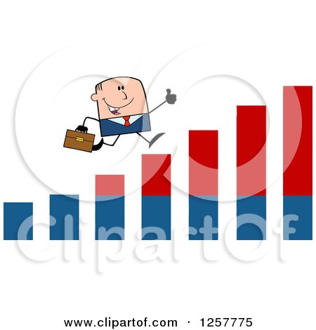Clipart of a White Stick Businessman Holding a Thumb up and Running on an Growth Bar Graph - Royalty Free Vector Illustration by Hit Toon