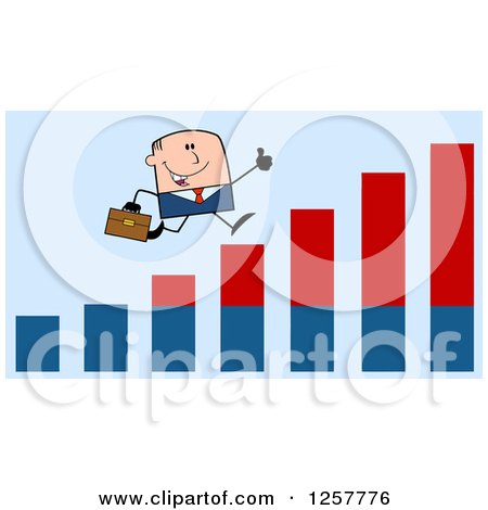 Clipart of a White Stick Businessman Holding a Thumb up and Running on an Growth Bar Graph over Blue - Royalty Free Vector Illustration by Hit Toon