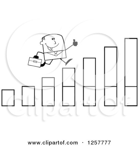 Clipart of a Black and White Stick Businessman Holding a Thumb up and Running on an Growth Bar Graph - Royalty Free Vector Illustration by Hit Toon