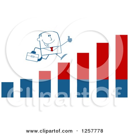 Clipart of a Stick Businessman Holding a Thumb up and Running on an Growth Bar Graph - Royalty Free Vector Illustration by Hit Toon