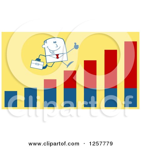 Clipart of a Stick Businessman Holding a Thumb up and Running on an Growth Bar Graph over Yellow - Royalty Free Vector Illustration by Hit Toon