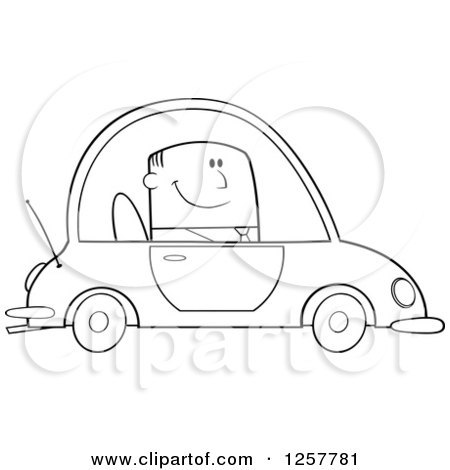 Clipart of a Black and White Happy Business Man Commuting to Work in a Blue Car - Royalty Free Vector Illustration by Hit Toon