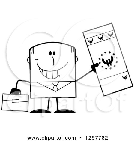 Clipart of a Black and White Happy Businessman Holding up a Giant Duro Bill - Royalty Free Vector Illustration by Hit Toon