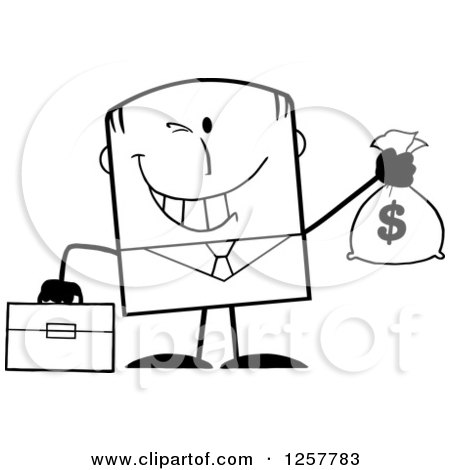 Clipart of a Black and White Wealthy Businessman Winking and Holding a Money Bag - Royalty Free Vector Illustration by Hit Toon