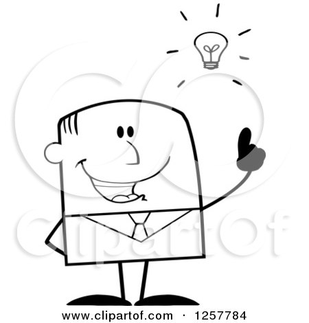 Clipart of a Black and White Stick Businessman with a Bright Idea - Royalty Free Vector Illustration by Hit Toon