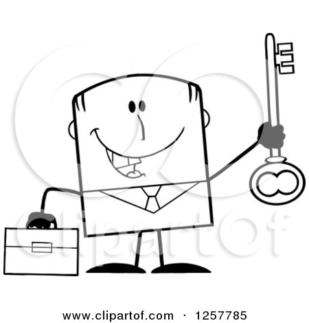 Clipart of a Black and White Happy Businessman Holding up a Key to Success - Royalty Free Vector Illustration by Hit Toon