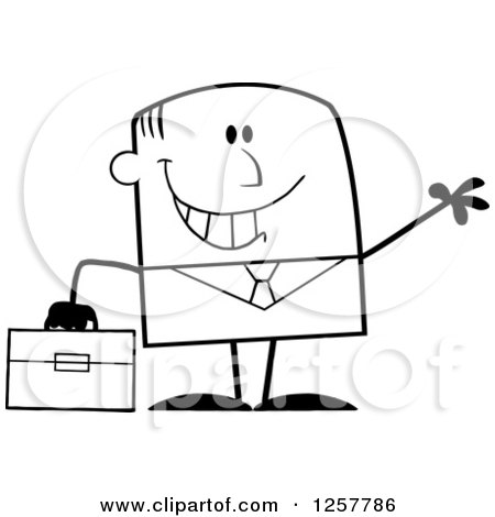 Clipart of a Black and White Happy Businessman Waving and Holding a Briefcase - Royalty Free Vector Illustration by Hit Toon