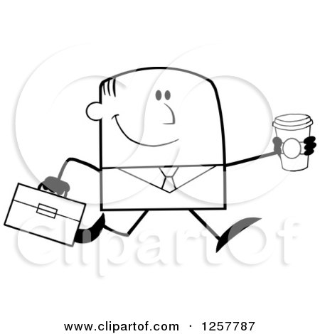 Clipart of a Black and White Happy Businessman Running with a to Go Coffee - Royalty Free Vector Illustration by Hit Toon
